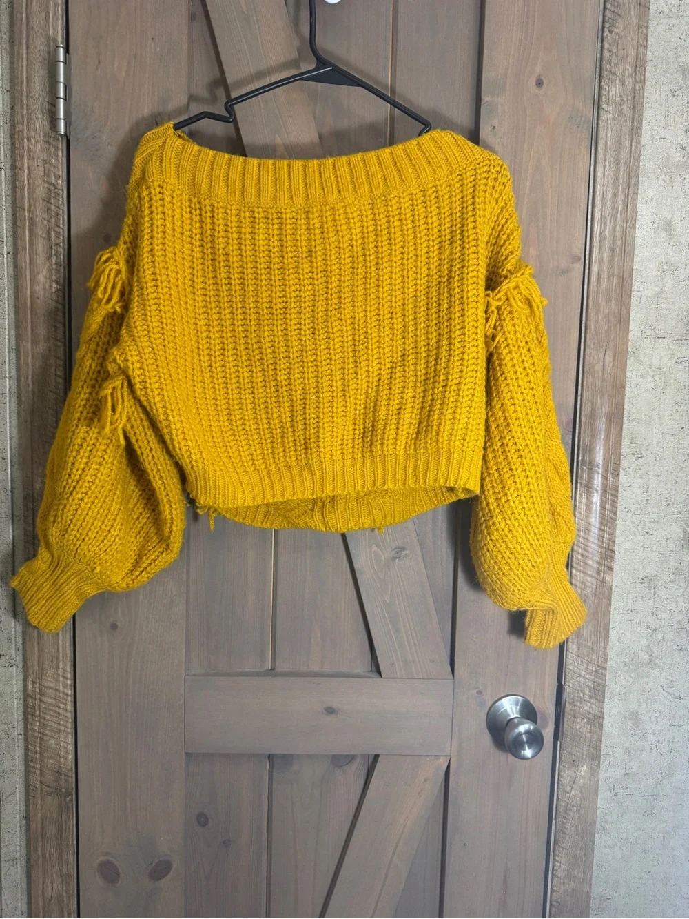 Blue Blush Mustard Cropped Cable Knit Fringe Sweater